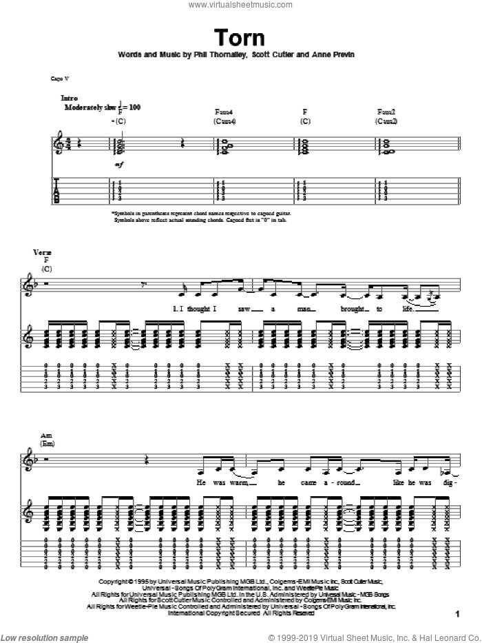 Torn sheet music for guitar (tablature, play-along) by Natalie Imbruglia, Anne Previn, Phil Thornalley and Scott Cutler, intermediate skill level