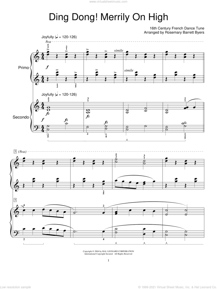 Ding Dong! Merrily On High! sheet music for piano four hands, intermediate skill level