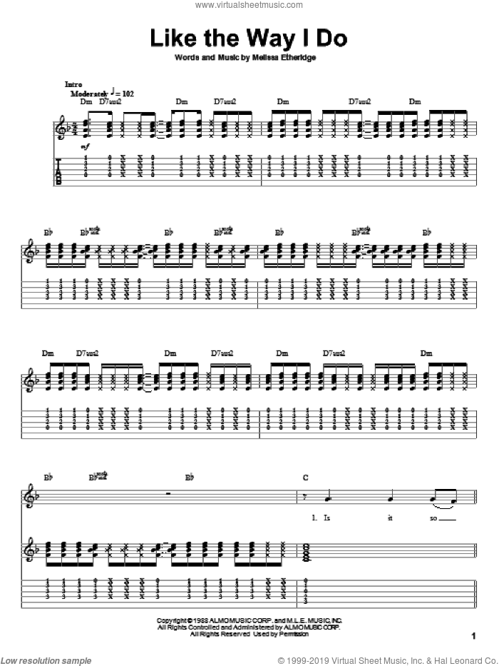 Like The Way I Do sheet music for guitar (tablature, play-along) by Melissa Etheridge, intermediate skill level