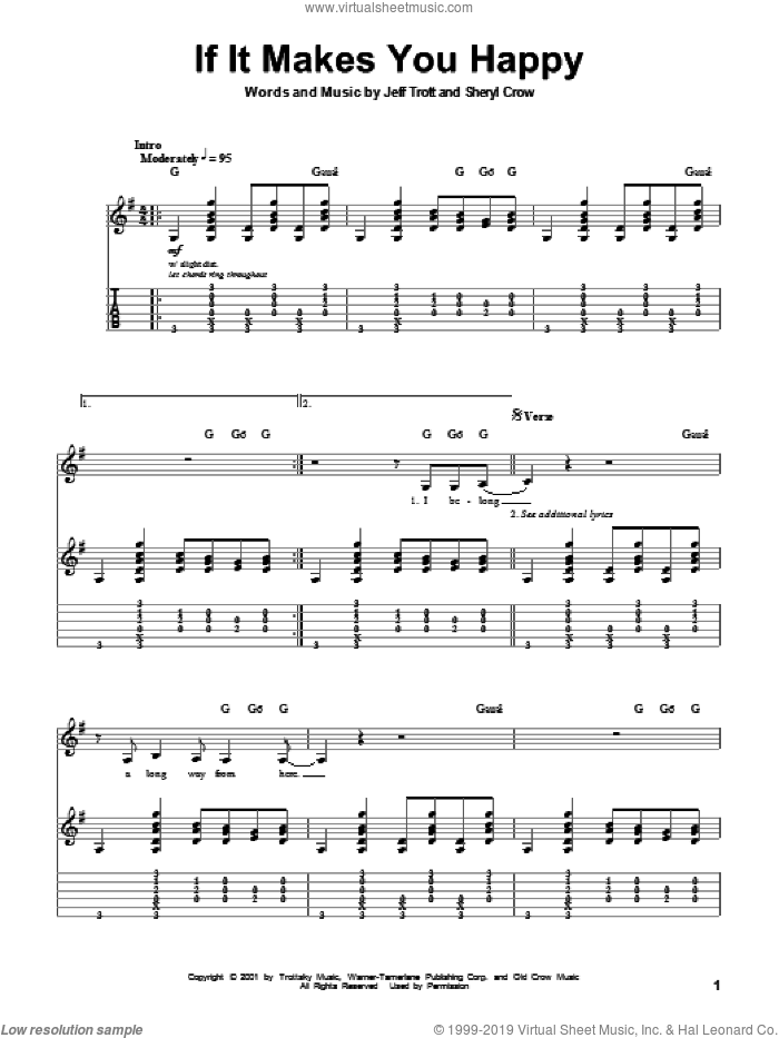 If It Makes You Happy sheet music for guitar (tablature, play-along) by Sheryl Crow and Jeff Trott, intermediate skill level
