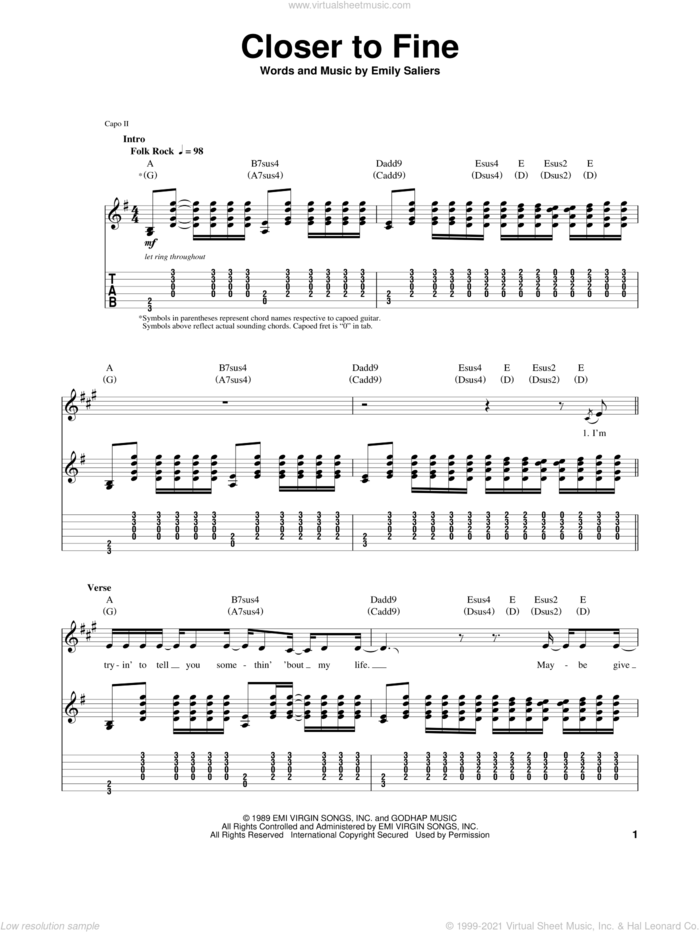Closer To Fine sheet music for guitar (tablature, play-along) by Indigo Girls and Emily Saliers, intermediate skill level