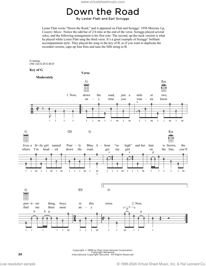 Down The Road (arr. Fred Sokolow) sheet music for banjo solo by Lester Flatt & Earl Scruggs, Fred Sokolow, Earl Scruggs and Lester Flatt, intermediate skill level