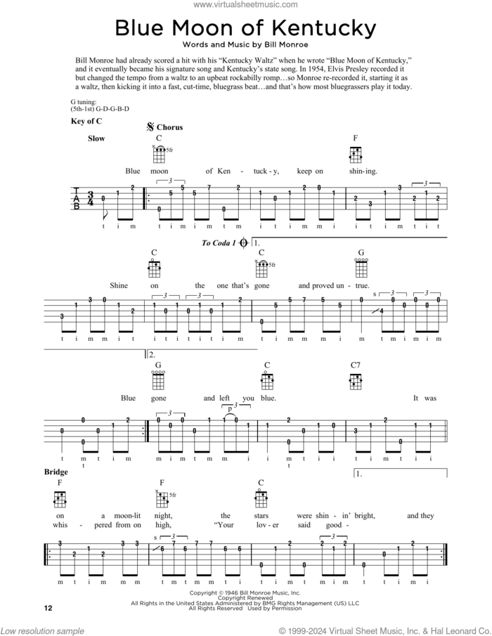 Blue Moon Of Kentucky (arr. Fred Sokolow) sheet music for banjo solo by Bill Monroe, Fred Sokolow, Elvis Presley and Patsy Cline, intermediate skill level