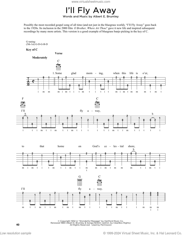 I'll Fly Away (arr. Fred Sokolow) sheet music for banjo solo by Albert E. Brumley and Fred Sokolow, intermediate skill level