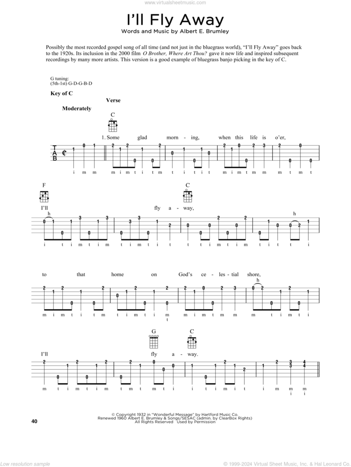 I'll Fly Away (arr. Fred Sokolow) sheet music for banjo solo by Albert E. Brumley and Fred Sokolow, intermediate skill level