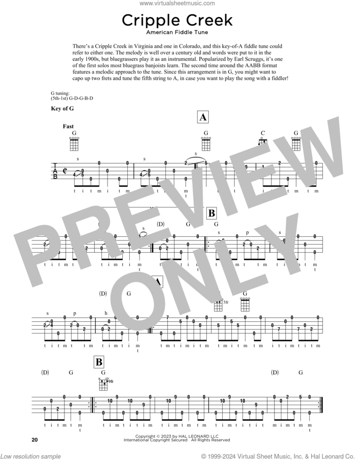 Cripple Creek (arr. Fred Sokolow) sheet music for banjo solo  and Fred Sokolow, intermediate skill level