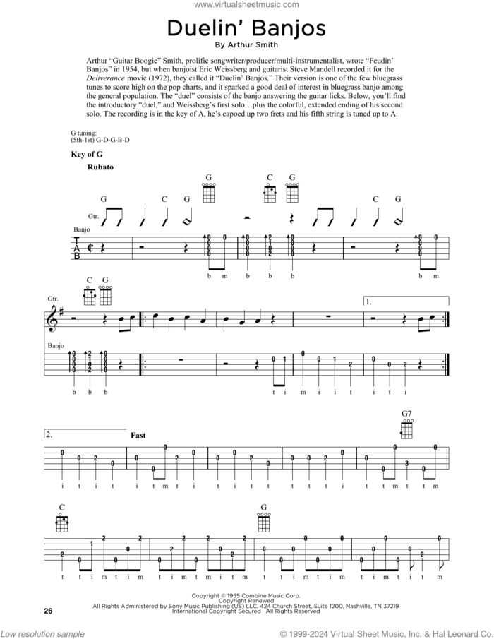 Duelin' Banjos (arr. Fred Sokolow) sheet music for banjo solo by Eric Weissberg & Steve Mandell, Fred Sokolow, Earl Scruggs and Arthur Smith, intermediate skill level