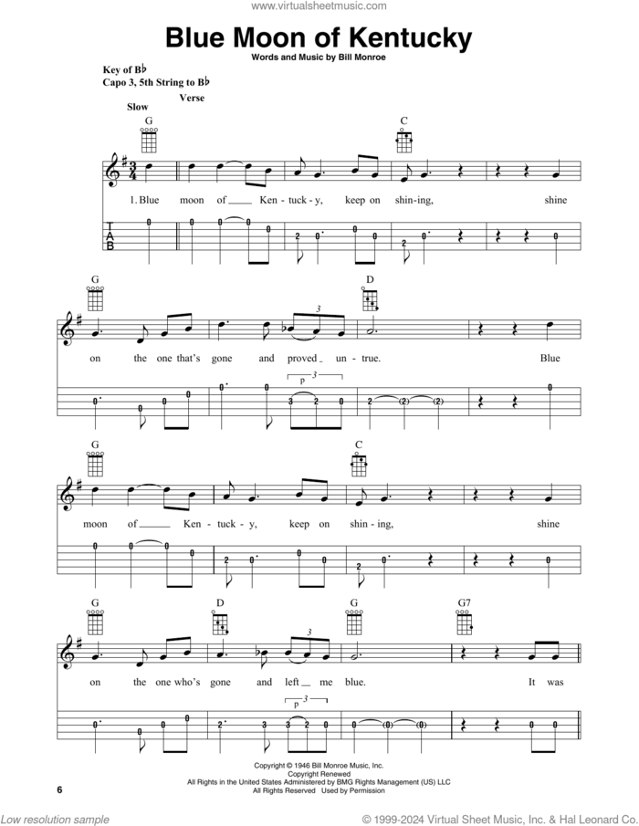 Blue Moon Of Kentucky (arr. Fred Sokolow) sheet music for banjo solo by Bill Monroe, Fred Sokolow, Elvis Presley and Patsy Cline, intermediate skill level