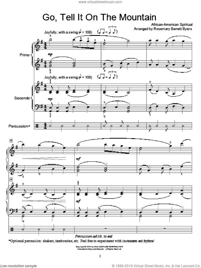 Go, Tell It On The Mountain sheet music for piano four hands by John W. Work, Jr. and Miscellaneous, intermediate skill level
