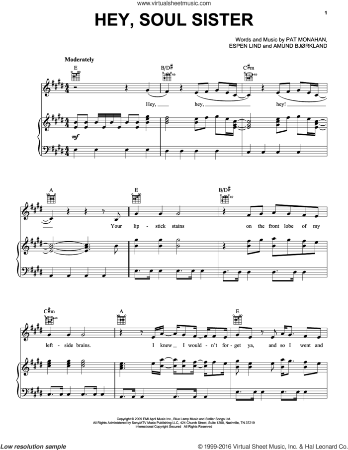 Hey, Soul Sister sheet music for voice, piano or guitar by Train, Amund Bjorklund, Espen Lind and Pat Monahan, intermediate skill level