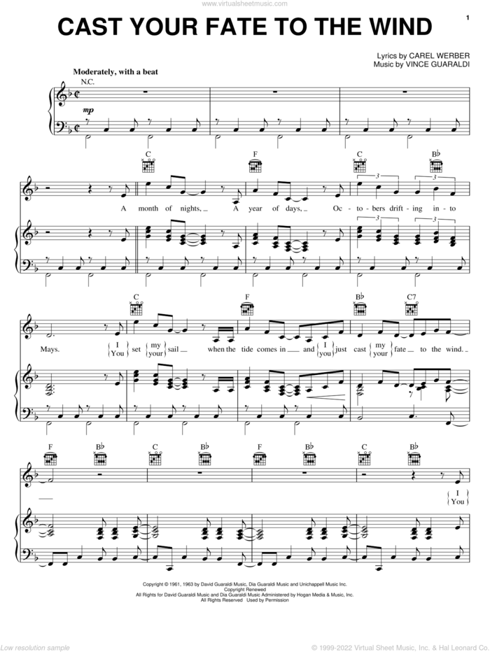 Cast Your Fate To The Wind sheet music for voice, piano or guitar by Vince Guaraldi and Carel Werber, intermediate skill level