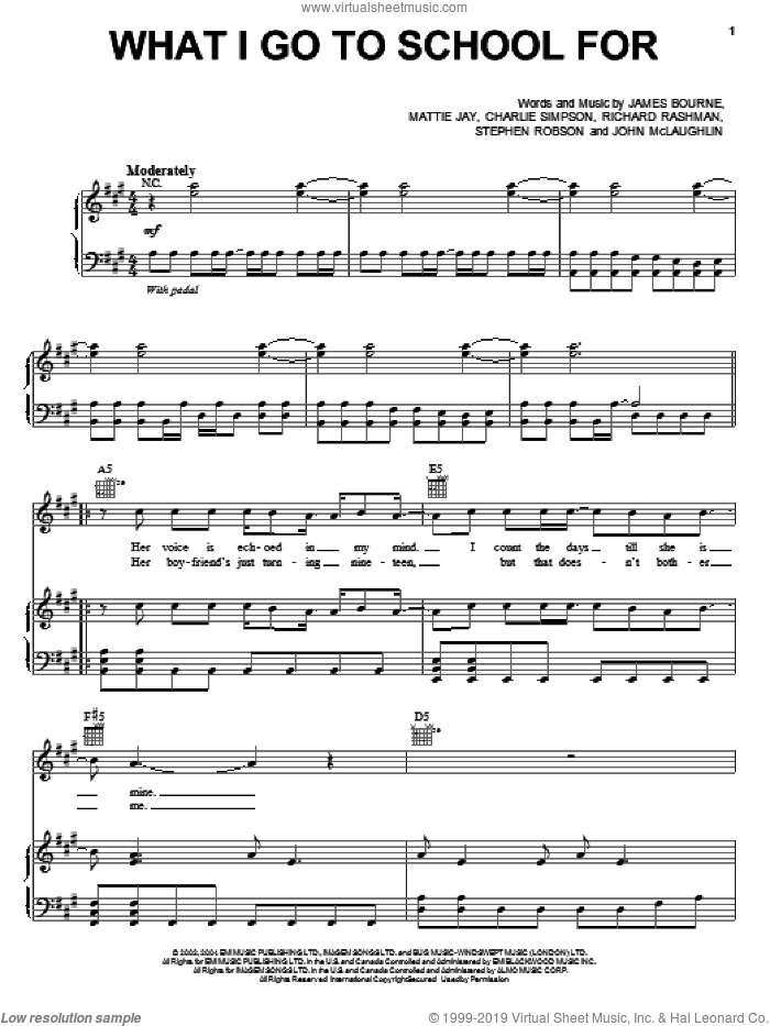 What I Go To School For sheet music for voice, piano or guitar by Jonas Brothers, Busted, Charlie Simpson, James Bourne, John McLaughlin, Mattie Jay, Richard Rashman and Steve Robson, intermediate skill level