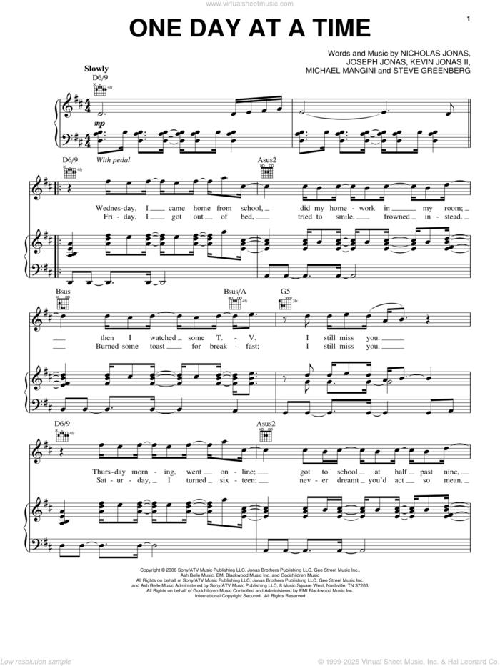 One Day At A Time sheet music for voice, piano or guitar by Jonas Brothers, Joseph Jonas, Kevin Jonas II, Michael Mangini, Nicholas Jonas and Steven Greenberg, intermediate skill level