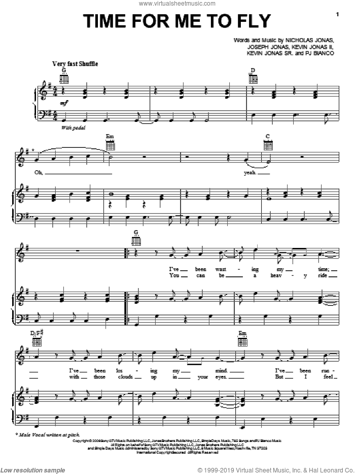 Time For Me To Fly sheet music for voice, piano or guitar by Jonas Brothers, Joseph Jonas, Kevin Jonas II, Kevin Jonas Sr., Nicholas Jonas and PJ Bianco, intermediate skill level