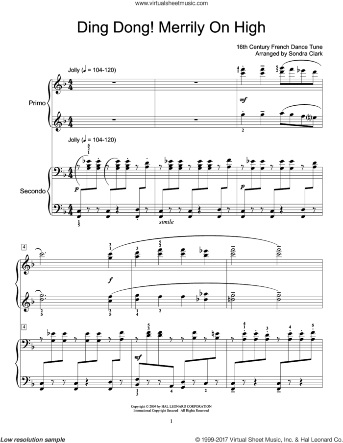 Ding Dong! Merrily On High! sheet music for piano four hands, intermediate skill level