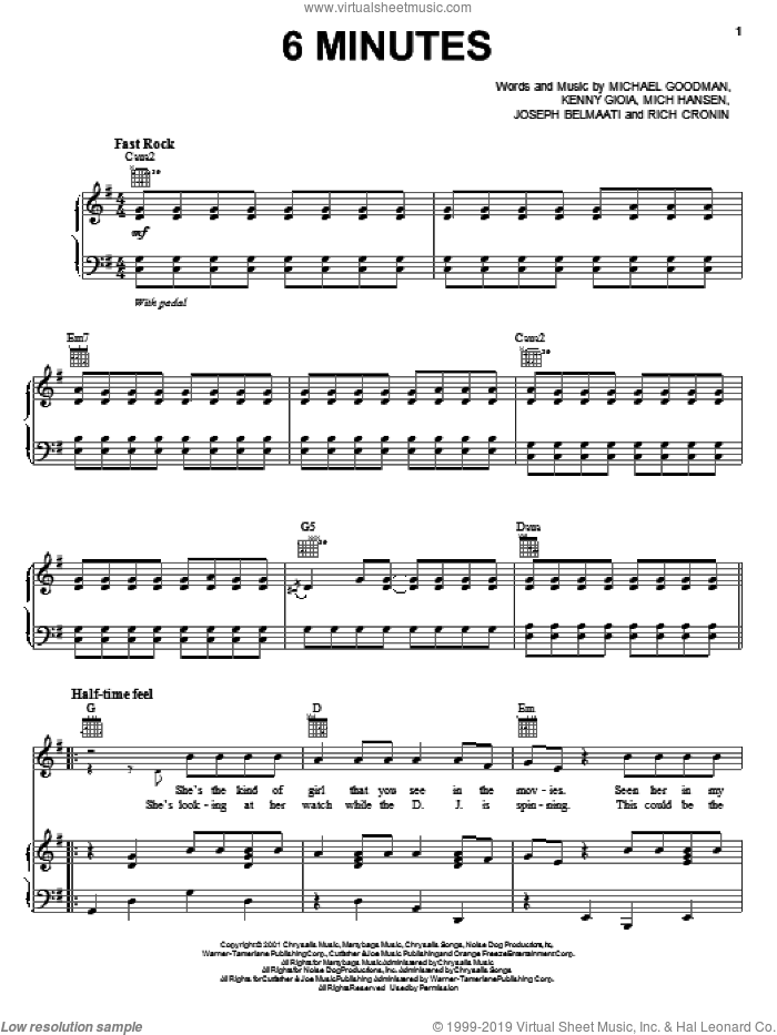 6 Minutes sheet music for voice, piano or guitar by Jonas Brothers, Joseph Belmaati, Kenny Gioia, Mich Hansen, Michael Goodman and Rich Cronin, intermediate skill level