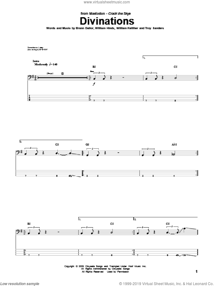 Divinations sheet music for bass (tablature) (bass guitar) by Mastodon, Brann Dailor, Troy Sanders, William Hinds and William Kelliher, intermediate skill level