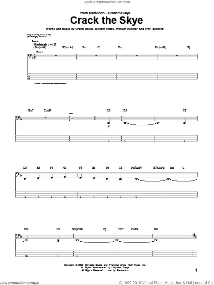 Crack The Skye sheet music for bass (tablature) (bass guitar) by Mastodon, Brann Dailor, Troy Sanders, William Hinds and William Kelliher, intermediate skill level