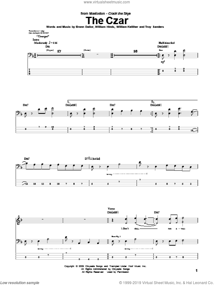 The Czar sheet music for bass (tablature) (bass guitar) by Mastodon, Brann Dailor, Troy Sanders, William Hinds and William Kelliher, intermediate skill level