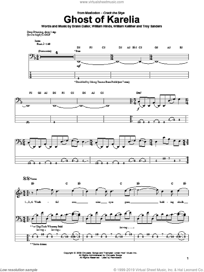 Ghost Of Karelia sheet music for bass (tablature) (bass guitar) by Mastodon, Brann Dailor, Troy Sanders, William Hinds and William Kelliher, intermediate skill level