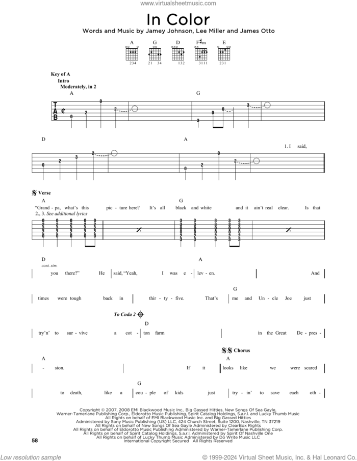 In Color sheet music for guitar solo by Jamey Johnson, James Otto and Lee Thomas Miller, intermediate skill level