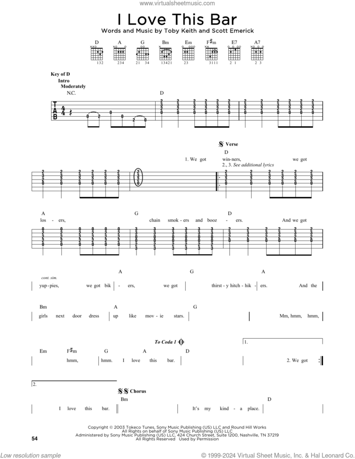 I Love This Bar sheet music for guitar solo by Toby Keith and Scotty Emerick, intermediate skill level