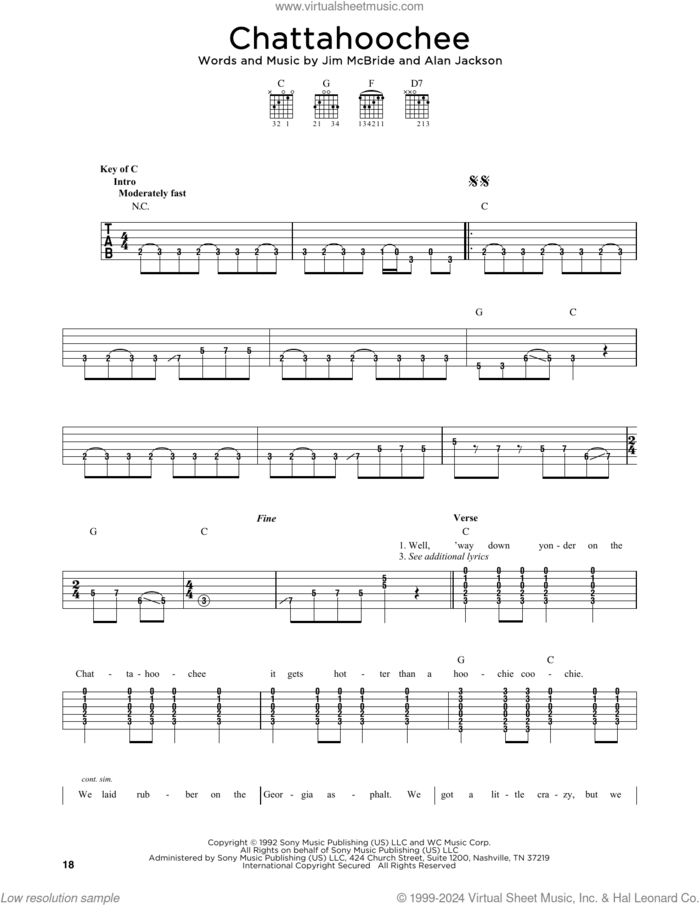 Chattahoochee sheet music for guitar solo by Alan Jackson and Jim McBride, intermediate skill level