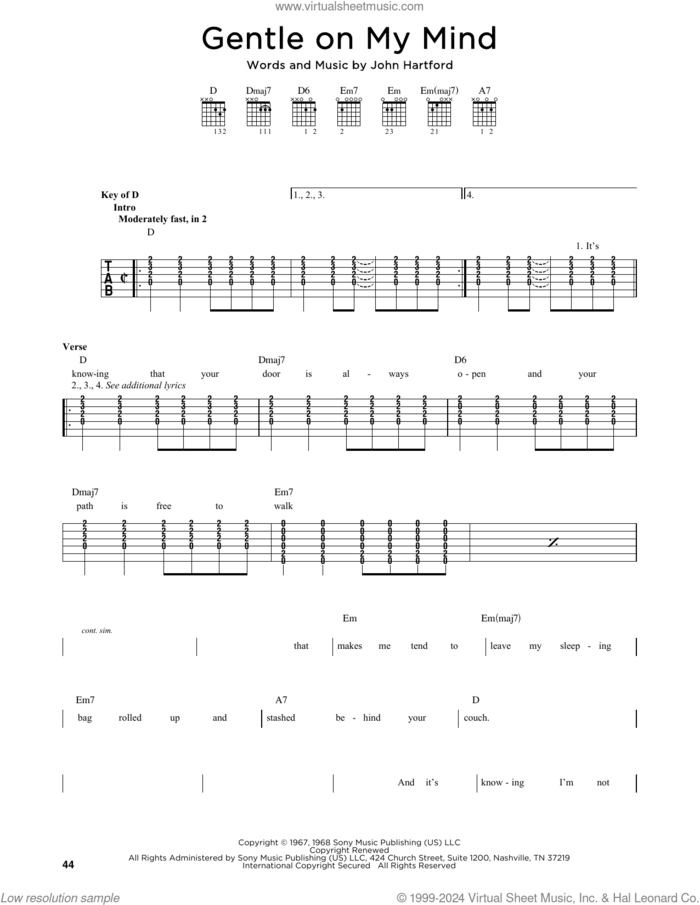 Gentle On My Mind sheet music for guitar solo by Glen Campbell and John Hartford, intermediate skill level