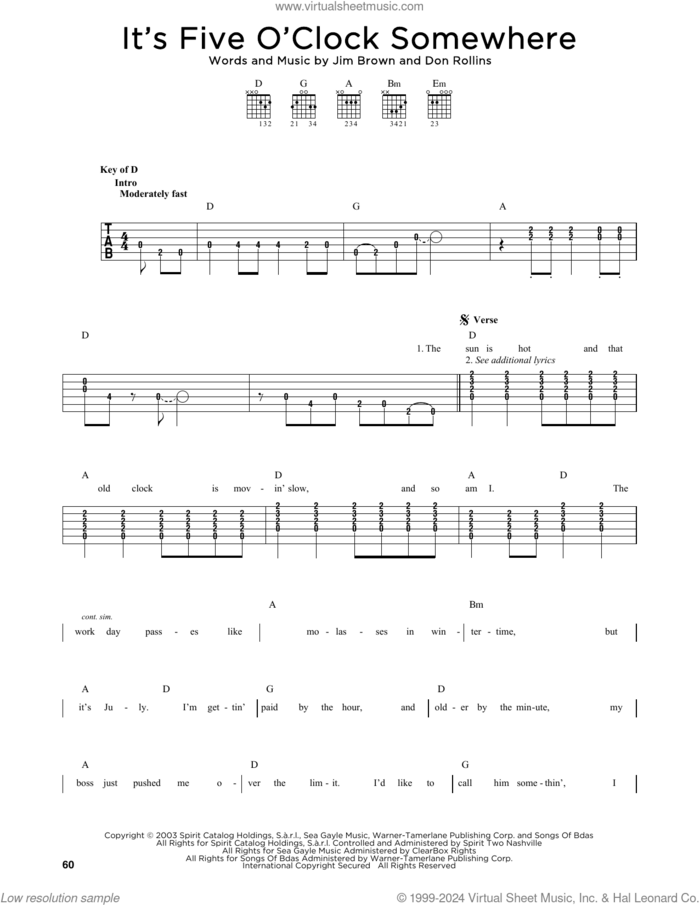 It's Five O'Clock Somewhere sheet music for guitar solo by Alan Jackson & Jimmy Buffett, Don Rollins and Jim Brown, intermediate skill level