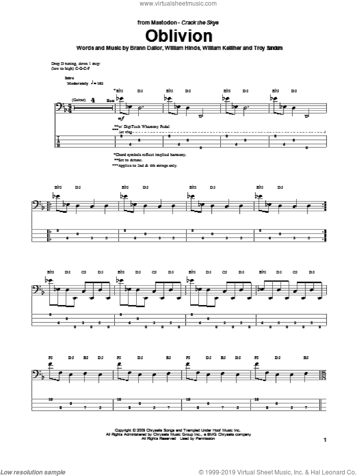 Oblivion sheet music for bass (tablature) (bass guitar) by Mastodon, Brann Dailor, Troy Sanders, William Hinds and William Kelliher, intermediate skill level