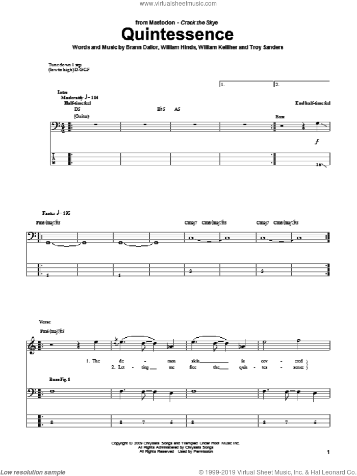 Quintessence sheet music for bass (tablature) (bass guitar) by Mastodon, Brann Dailor, Troy Sanders, William Hinds and William Kelliher, intermediate skill level