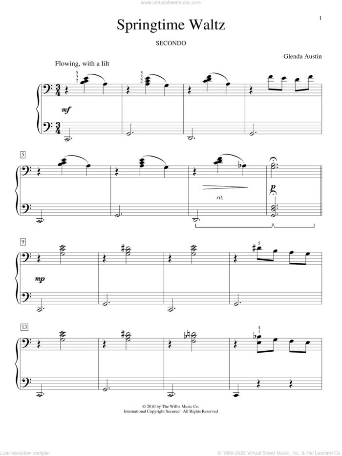 Springtime Waltz sheet music for piano four hands by Glenda Austin, classical score, intermediate skill level