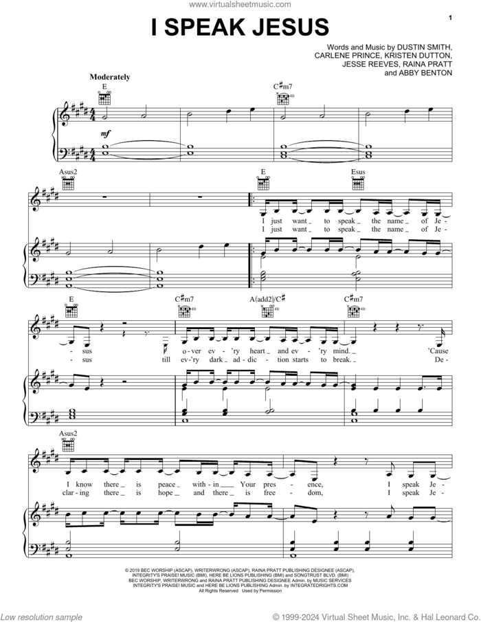 I Speak Jesus (feat. Steven Musso) sheet music for voice, piano or guitar by Charity Gayle, Abby Benton, Carlene Prince, Dustin Smith, Jesse Reeves, Kristen Dutton and Raina Pratt, intermediate skill level