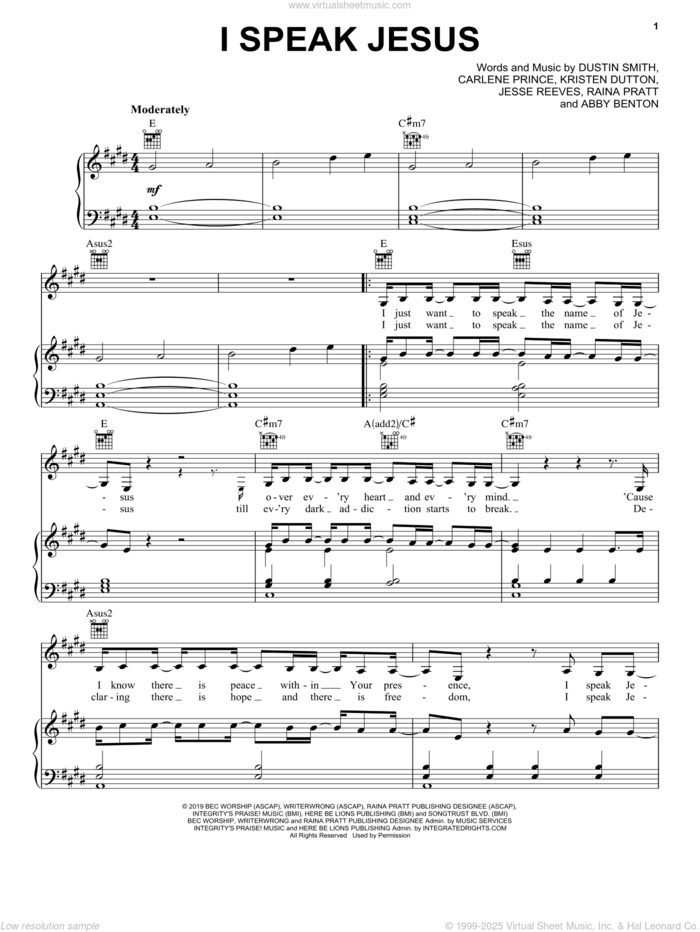 I Speak Jesus (feat. Steven Musso) sheet music for voice, piano or guitar by Charity Gayle, Abby Benton, Carlene Prince, Dustin Smith, Jesse Reeves, Kristen Dutton and Raina Pratt, intermediate skill level