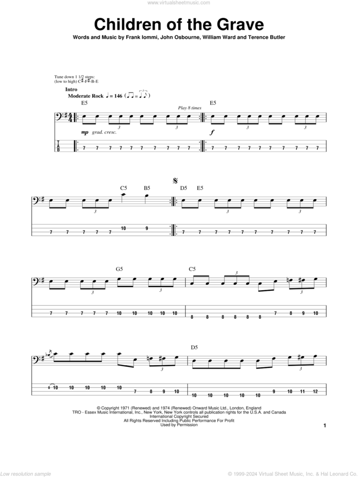 Children Of The Grave sheet music for bass (tablature) (bass guitar) by Black Sabbath, Ozzy Osbourne, White Zombie, Frank Iommi, John Osbourne, Terence Butler and William Ward, intermediate skill level