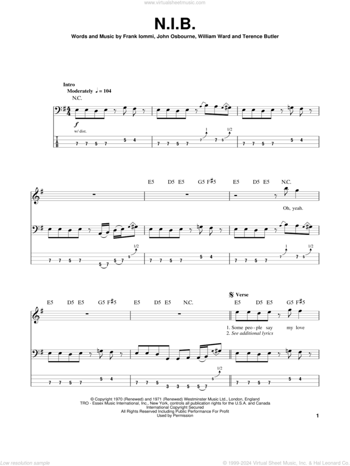 N.I.B. sheet music for bass (tablature) (bass guitar) by Black Sabbath, Ozzy Osbourne, Frank Iommi, John Osbourne, Terence Butler and William Ward, intermediate skill level