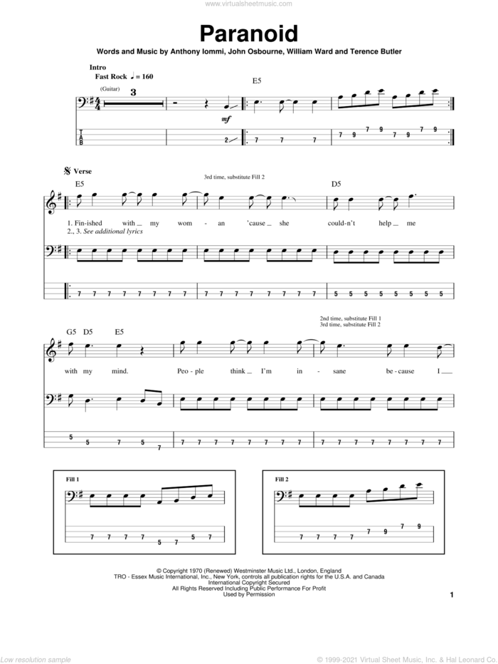 Paranoid sheet music for bass (tablature) (bass guitar) by Black Sabbath, Ozzy Osbourne, Anthony Iommi, John Osbourne, Terence Butler and William Ward, intermediate skill level