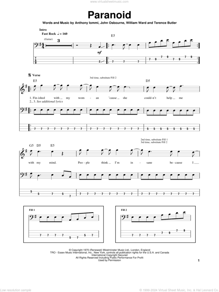 Paranoid sheet music for bass (tablature) (bass guitar) by Black Sabbath, Ozzy Osbourne, Anthony Iommi, John Osbourne, Terence Butler and William Ward, intermediate skill level