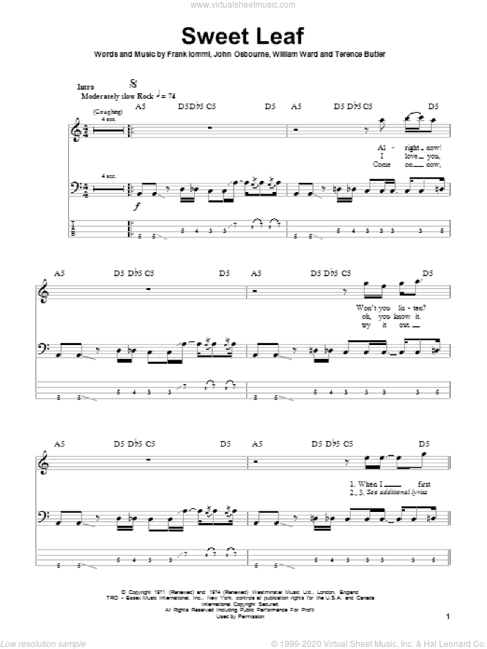 Sweet Leaf sheet music for bass (tablature) (bass guitar) by Black Sabbath, Ozzy Osbourne, Frank Iommi, John Osbourne, Terence Butler and William Ward, intermediate skill level