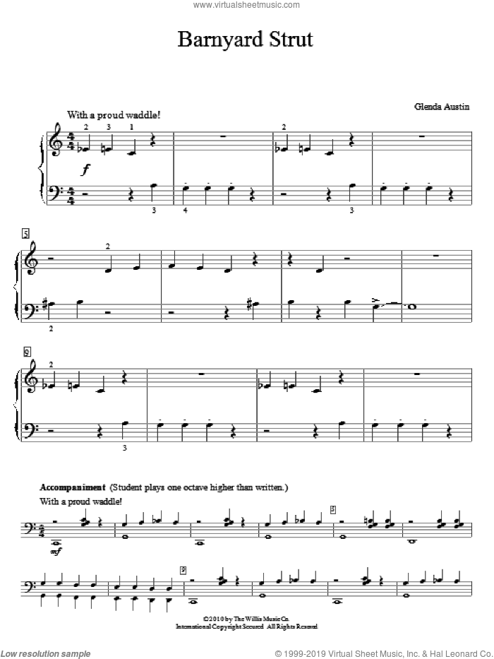 Barnyard Strut sheet music for piano four hands by Glenda Austin, intermediate skill level