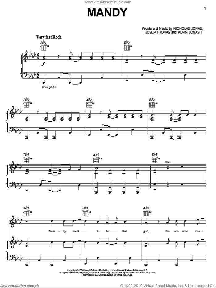 Mandy sheet music for voice, piano or guitar by Jonas Brothers, Joseph Jonas, Kevin Jonas II and Nicholas Jonas, intermediate skill level