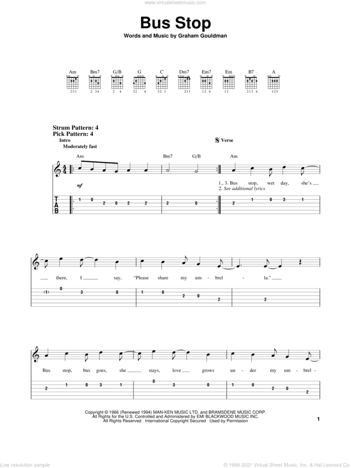Bus Stop sheet music for guitar solo (easy tablature) by The Hollies and Graham Gouldman, easy guitar (easy tablature)