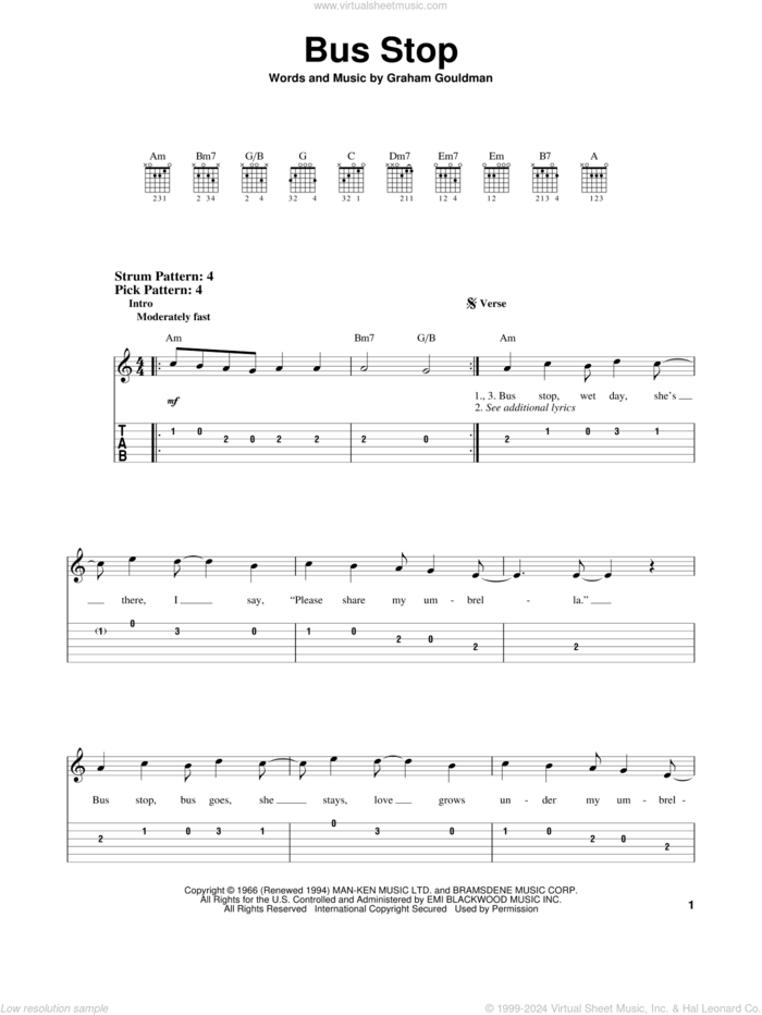 Bus Stop sheet music for guitar solo (easy tablature) by The Hollies and Graham Gouldman, easy guitar (easy tablature)