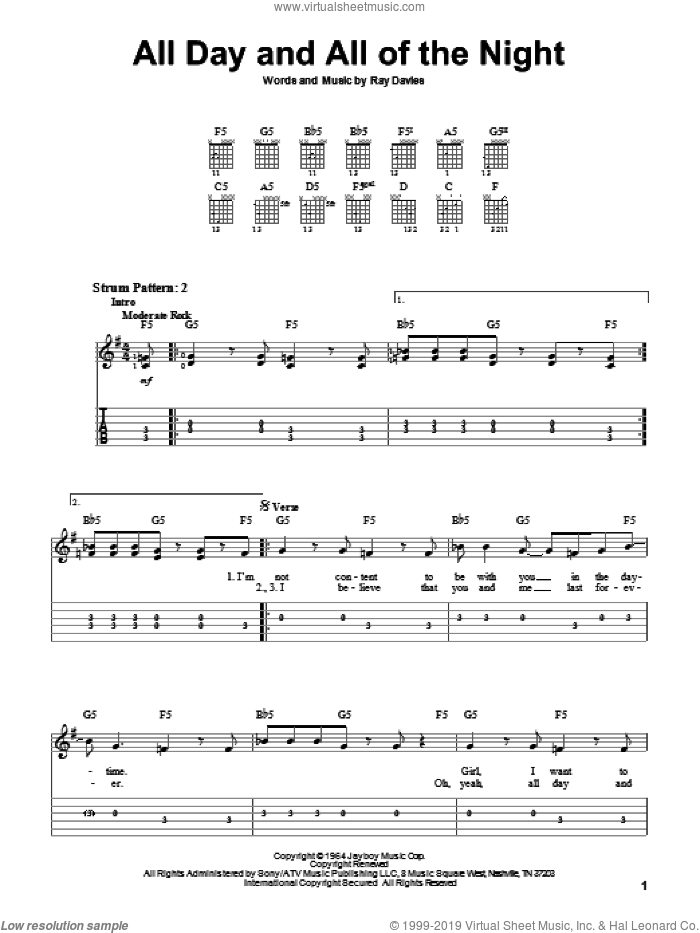 All Day And All Of The Night sheet music for guitar solo (easy tablature) by The Kinks and Ray Davies, easy guitar (easy tablature)