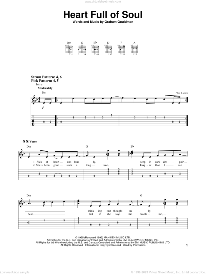 Heart Full Of Soul sheet music for guitar solo (easy tablature) by The Yardbirds and Graham Gouldman, easy guitar (easy tablature)