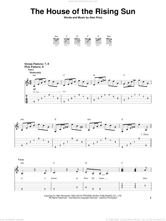 The House Of The Rising Sun sheet music for guitar solo (easy tablature) by The Animals and Alan Price, easy guitar (easy tablature)