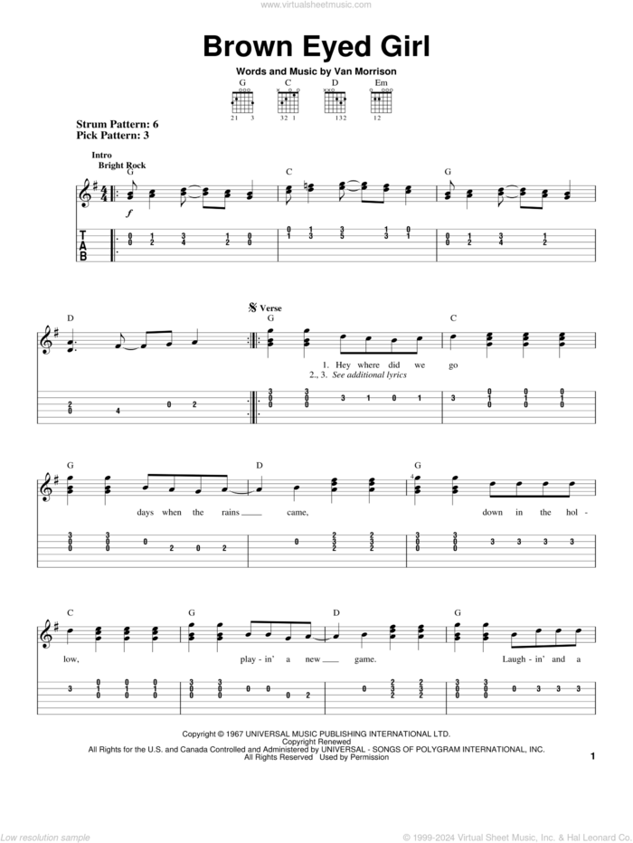 Brown Eyed Girl sheet music for guitar solo (easy tablature) by Van Morrison, easy guitar (easy tablature)