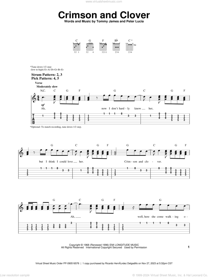 Crimson And Clover sheet music for guitar solo (easy tablature) by Tommy James & The Shondells, Joan Jett, Peter Lucia and Tommy James, easy guitar (easy tablature)