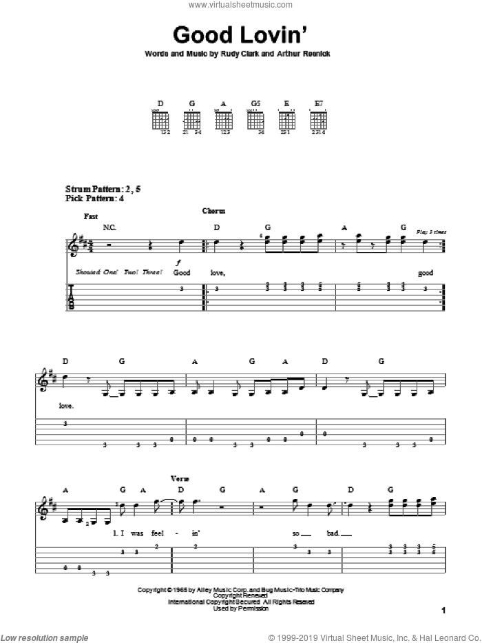 Good Lovin' sheet music for guitar solo (easy tablature) by The Young Rascals, Arthur Resnick and Rudy Clark, easy guitar (easy tablature)