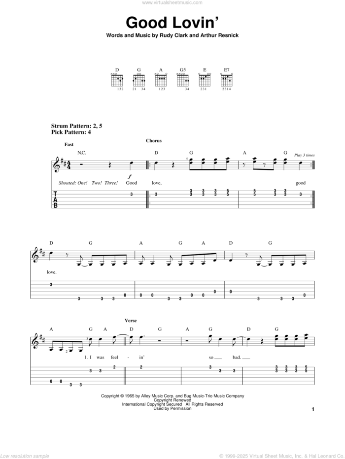 Good Lovin' sheet music for guitar solo (easy tablature) by The Young Rascals, Arthur Resnick and Rudy Clark, easy guitar (easy tablature)